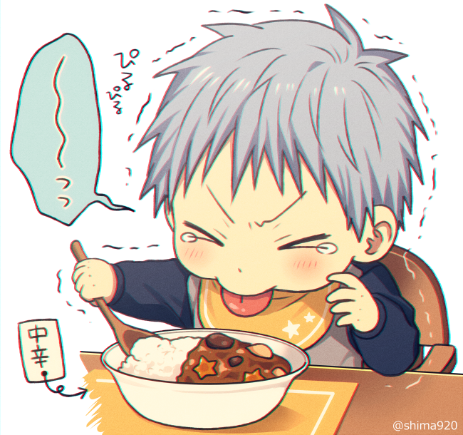 1boy arrow_(symbol) baby bangs bib black_shirt blue_hair blush bowl chair closed_eyes commentary_request curry facing_viewer food grey_background holding holding_spoon kuroko_no_basuke kuroko_tetsuya long_sleeves male_focus mashima_shima motion_lines on_chair shirt short_hair simple_background sitting solo speech_bubble spoon star_(symbol) star_print table tearing_up tongue tongue_out trembling upper_body younger