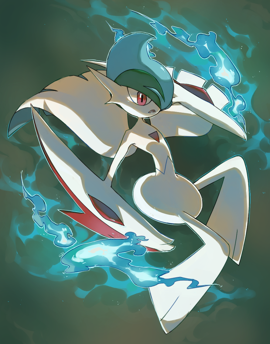 commentary creature english_commentary frown full_body gallade gen_4_pokemon grey_background mega_gallade mega_pokemon no_humans pink_eyes pinkgermy pokemon pokemon_(creature) simple_background solo
