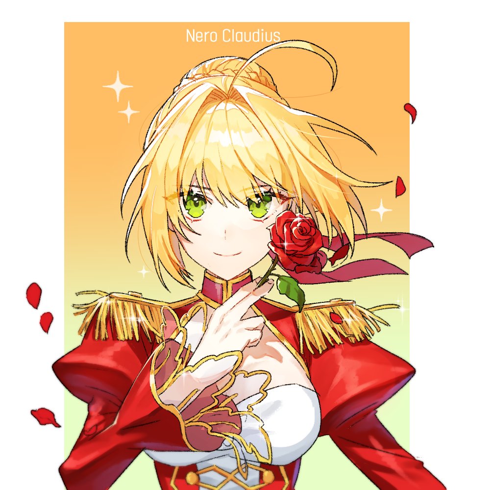 1girl ahoge bangs blonde_hair bon_(bony_53) braid breasts character_name commentary_request dress fate/extra fate_(series) flower green_eyes hair_intakes holding holding_flower juliet_sleeves large_breasts long_sleeves looking_at_viewer medium_breasts nero_claudius_(fate) nero_claudius_(fate)_(all) puffy_sleeves red_dress red_flower red_rose rose smile solo upper_body