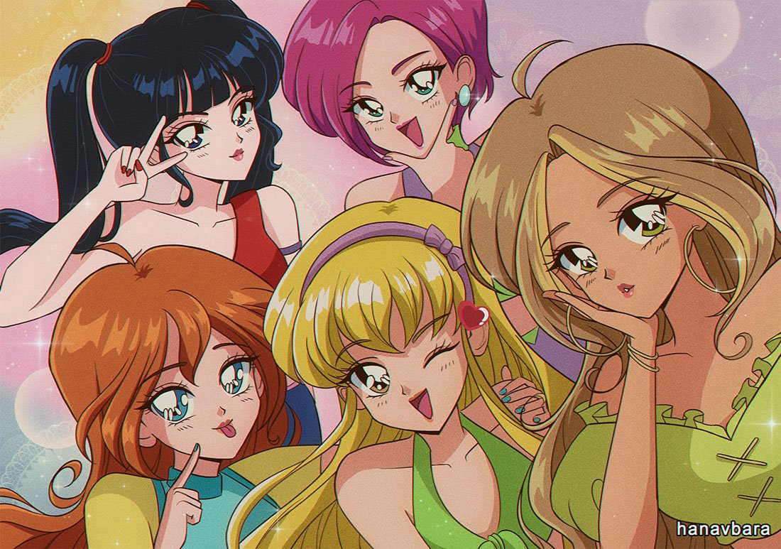 1980s_(style) 5girls black_hair blonde_hair bloom_(winx_club) collarbone dark_skin dark-skinned_female derivative_work earrings finger_to_mouth flora_(winx_club) green_eyes hair_behind_ear hairband hanavbara hand_on_another's_shoulder hand_on_own_cheek hand_on_own_face jewelry long_hair multicolored_hair multiple_girls musa_(winx_club) one_eye_closed open_mouth puckered_lips purple_hairband retro_artstyle screencap_redraw stella_(winx_club) streaked_hair tecna_(winx_club) tongue tongue_out twintails v winx_club yellow_eyes