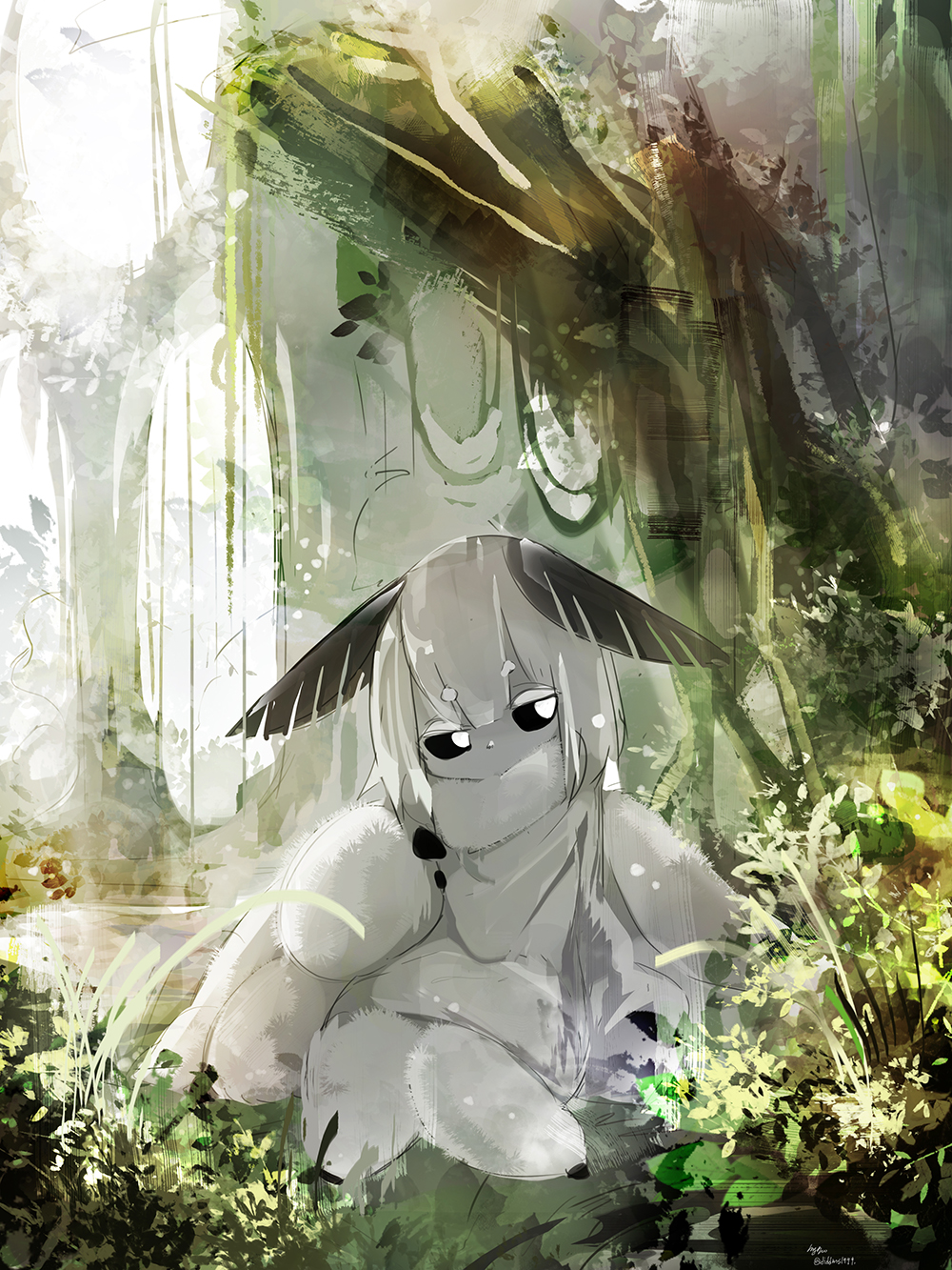 1girl black_sclera diddms1999 eyebrows_visible_through_hair fewer_digits forest full_body fur highres insect_girl insect_wings looking_at_viewer monster_girl moth_(diddms1999) moth_ears moth_girl moth_wings nature original outdoors scenery short_eyebrows solo white_eyes white_hair wings