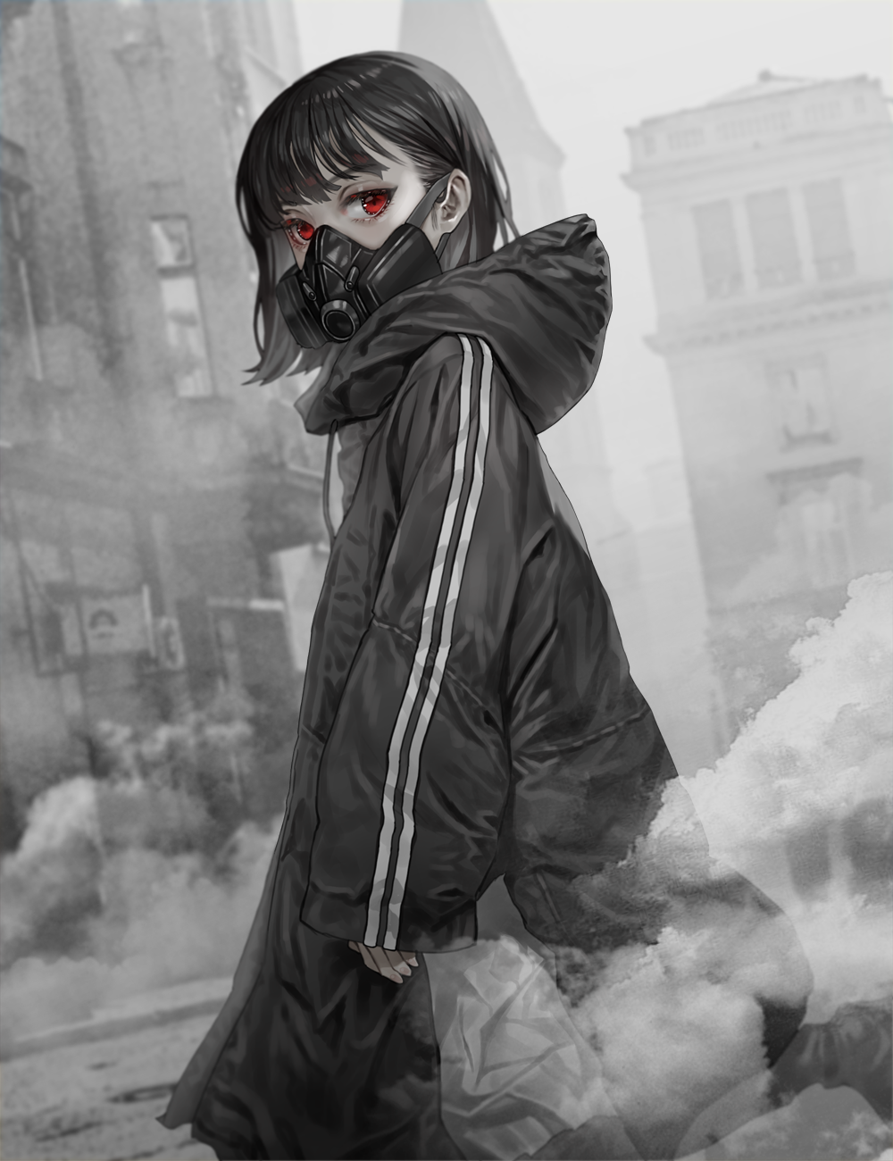 1girl bangs black_hair building coat fog ganik gas_mask highres hood hood_down hooded_coat leg_up long_sleeves looking_at_viewer mask mouth_mask original outdoors pale_skin red_eyes short_hair smoke solo