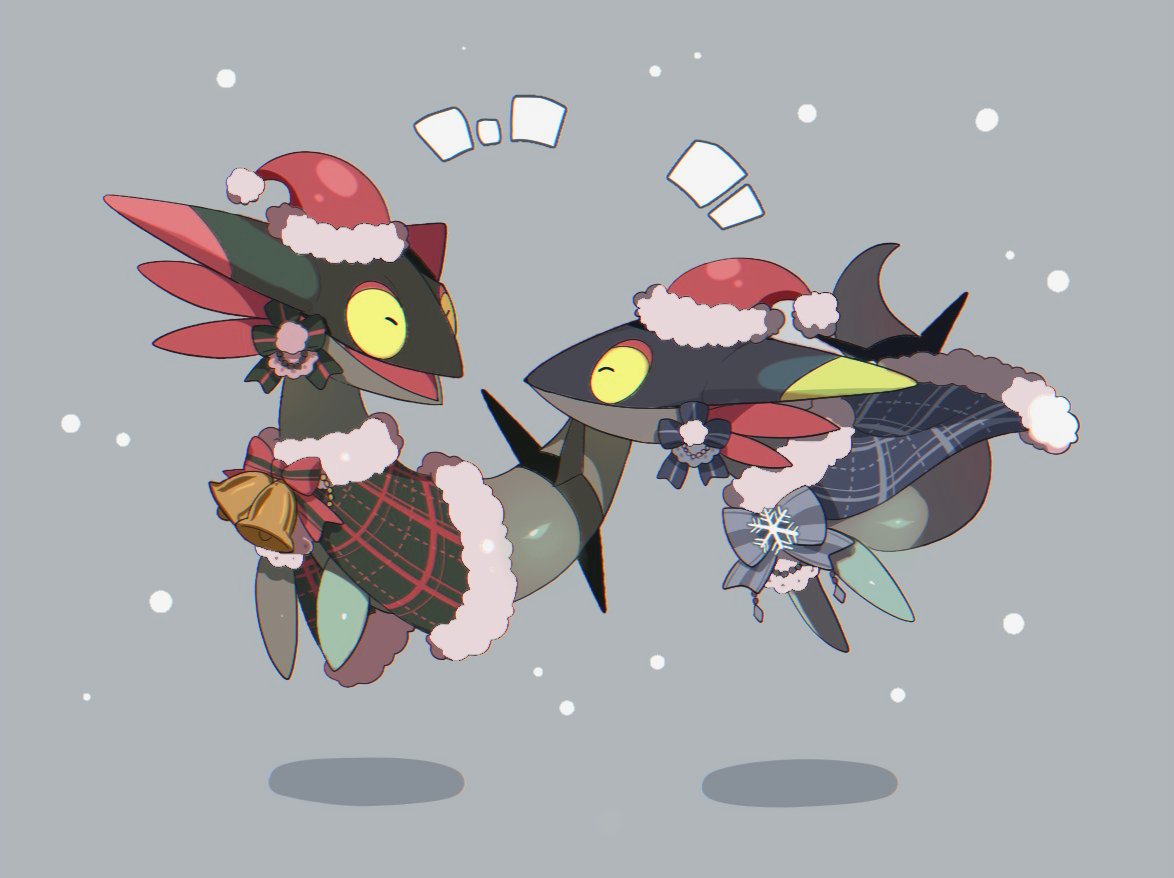 alu_drp bell bow capelet closed_eyes closed_mouth clothed_pokemon commentary_request dreepy floating fur-trimmed_capelet fur_trim gen_8_pokemon grey_background hat no_humans open_mouth plaid_capelet pokemon pokemon_(creature) santa_hat smile tongue