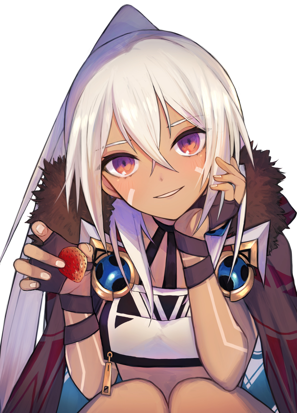 1girl azur_lane bangs black_gloves bodypaint brown_eyes cloak commentary_request crop_top crop_top_overhang crossed_bangs dark_skin dark-skinned_female facepaint fingerless_gloves food fruit fur-trimmed_cloak fur_trim gloves grin hair_between_eyes halter_top halterneck head_tilt highres holding holding_food holding_fruit knees_together long_ponytail looking_at_viewer minneapolis_(azur_lane) native_american ponytail sidelocks silver_hair simple_background smile solo sosogi_m squatting strawberry upper_body white_background