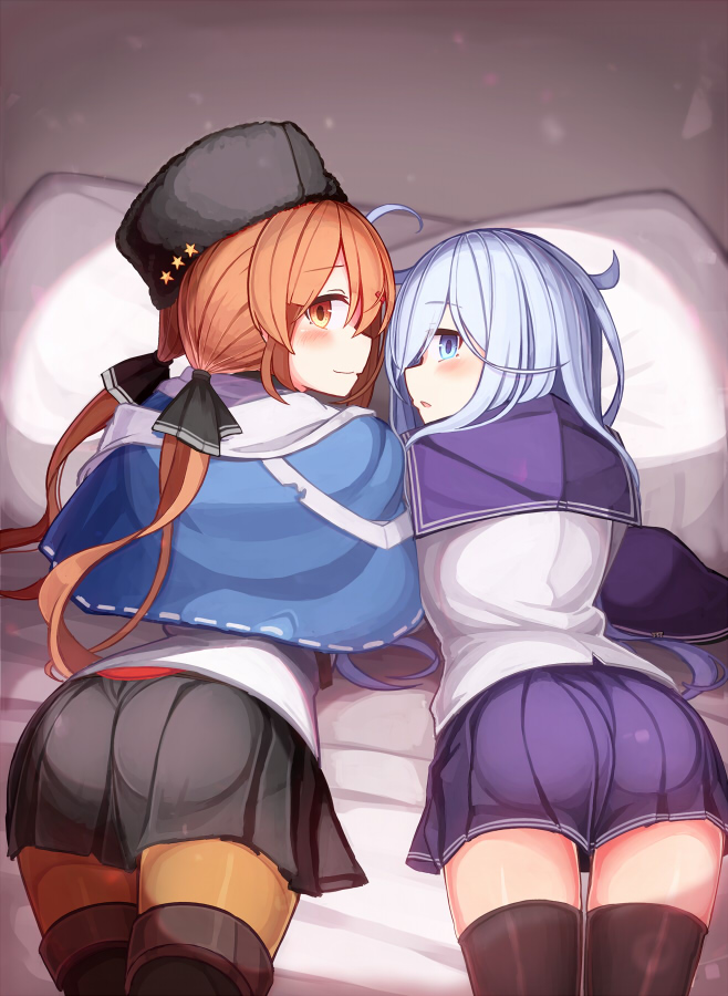 2girls bed_sheet black_bow black_footwear black_headwear black_legwear black_skirt blue_eyes blue_shawl blush boots bow brown_eyes brown_hair eyebrows_visible_through_hair flat_cap from_behind hair_between_eyes hair_bow hair_ornament hairclip hat hat_removed headwear_removed hibiki_(kantai_collection) jacket kantai_collection long_hair long_sleeves looking_back low_twintails multiple_girls papakha parted_lips pillow pleated_skirt reitou_mikan scarf school_uniform serafuku shawl silver_hair skirt tashkent_(kantai_collection) thigh-highs thigh_boots torn_clothes torn_scarf twintails white_jacket white_scarf
