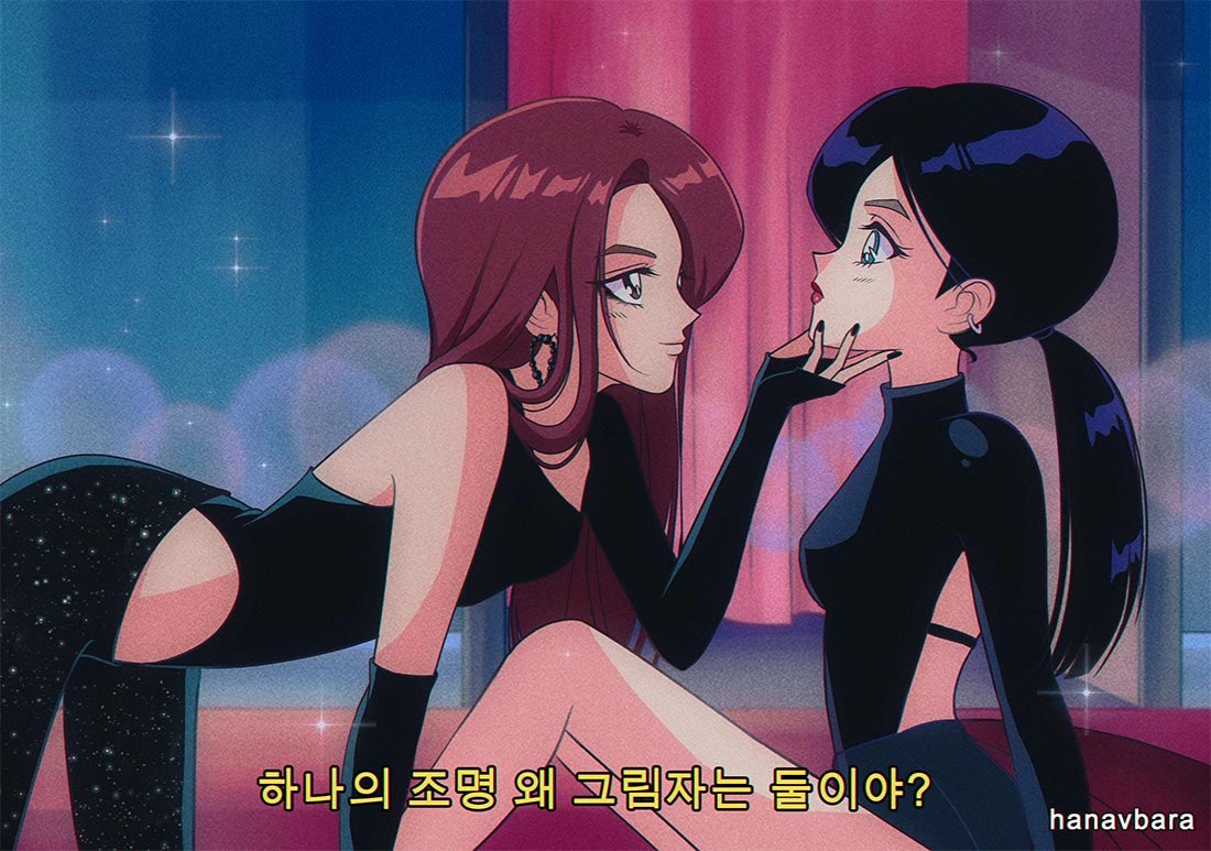 1980s_(style) 2girls artist_name bent_over breasts brown_eyes earrings english_commentary from_side green_eyes hanavbara hand_on_another's_chin irene_(red_velvet) jewelry k-pop korean_text leggings multiple_girls ponytail real_life red_velvet_(group) redhead retro_artstyle seulgi_(red_velvet) short_shorts shorts sitting small_breasts star_(sky) subtitled tied_hair translation_request window yuri