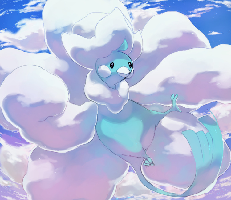 altaria bird black_eyes blue_sky clouds cloudy_sky commentary creature day english_commentary flying full_body gen_3_pokemon looking_at_viewer mega_altaria mega_pokemon no_humans outdoors pinkgermy pokemon pokemon_(creature) sky solo