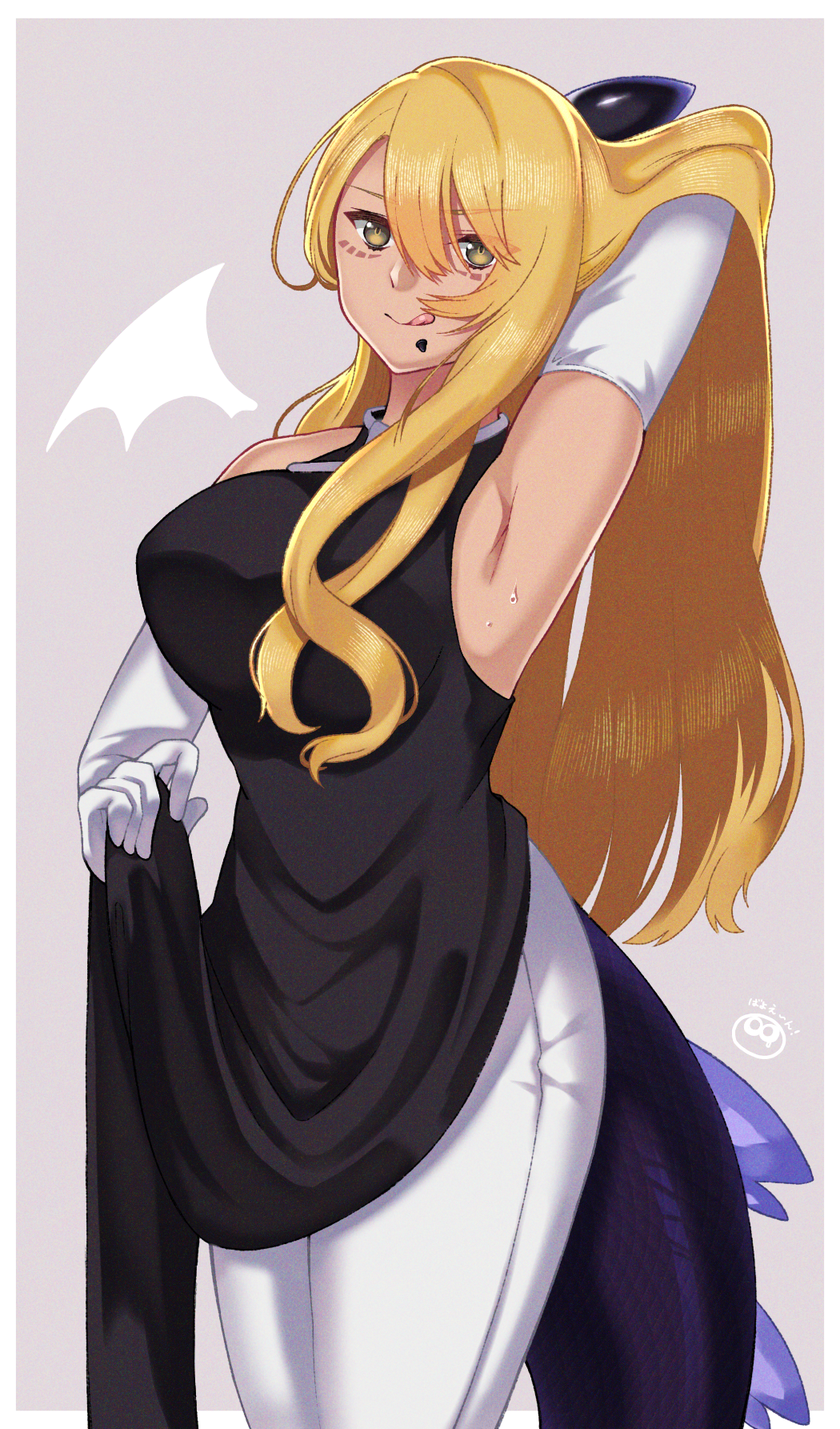1girl akio_(akio1124) arm_behind_head arm_up armpits bangs black_dress blonde_hair breasts brown_eyes closed_mouth contemporary dragon_girl dragon_horns dragon_tail dress elbow_gloves facial_mark fate/grand_order fate_(series) gloves highres horns large_breasts licking_lips long_hair looking_at_viewer pants smile swept_bangs tail thighs tongue tongue_out vritra_(fate) white_gloves white_pants