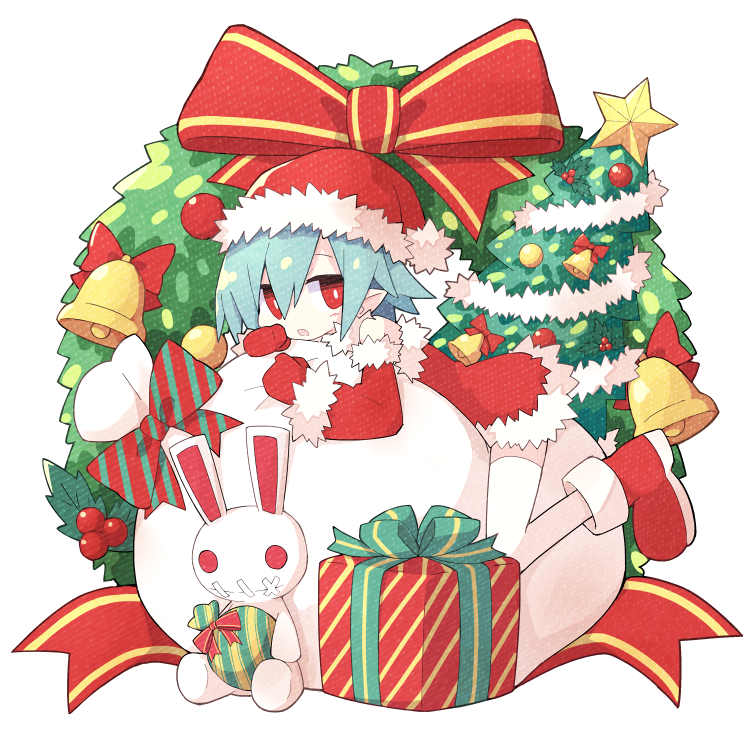 1girl asameshi bell blue_hair blush boots bright_pupils christmas christmas_present christmas_tree detached_sleeves disgaea dress full_body fur_trim grey_background hat long_sleeves looking_at_viewer lying on_stomach open_mouth pleinair pointy_ears red_dress red_footwear red_mittens santa_costume santa_hat short_hair solo star_(symbol) straddling stuffed_animal stuffed_bunny stuffed_toy thigh-highs usagi-san white_legwear wreath