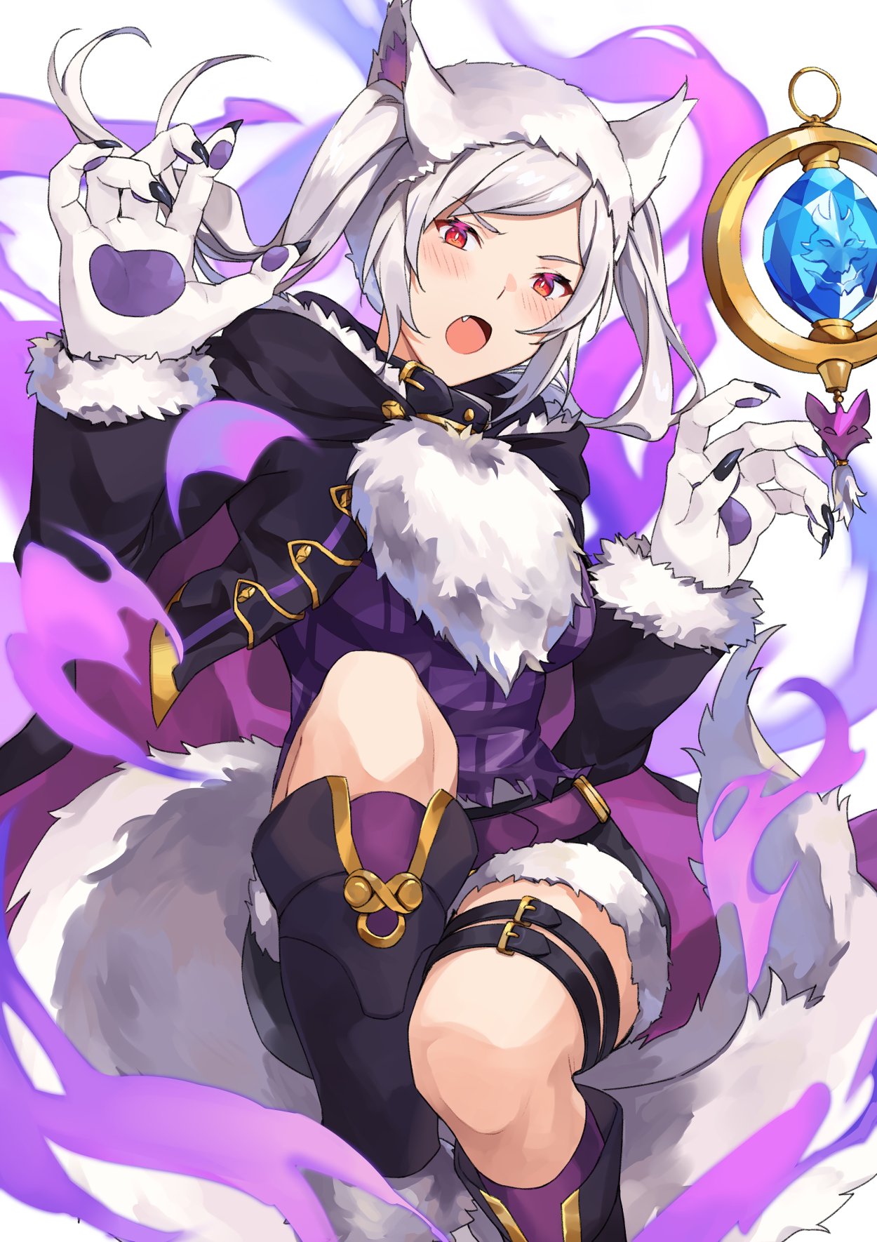 1girl animal_ears aura dark_aura fire_emblem fire_emblem_awakening fire_emblem_heroes fur_trim gloves grima_(fire_emblem) halloween_costume highres kamu_(kamuuei) long_sleeves open_mouth paw_gloves paws red_eyes robin_(fire_emblem) robin_(fire_emblem)_(female) shorts solo tail thigh_strap twintails white_hair wolf_ears wolf_tail
