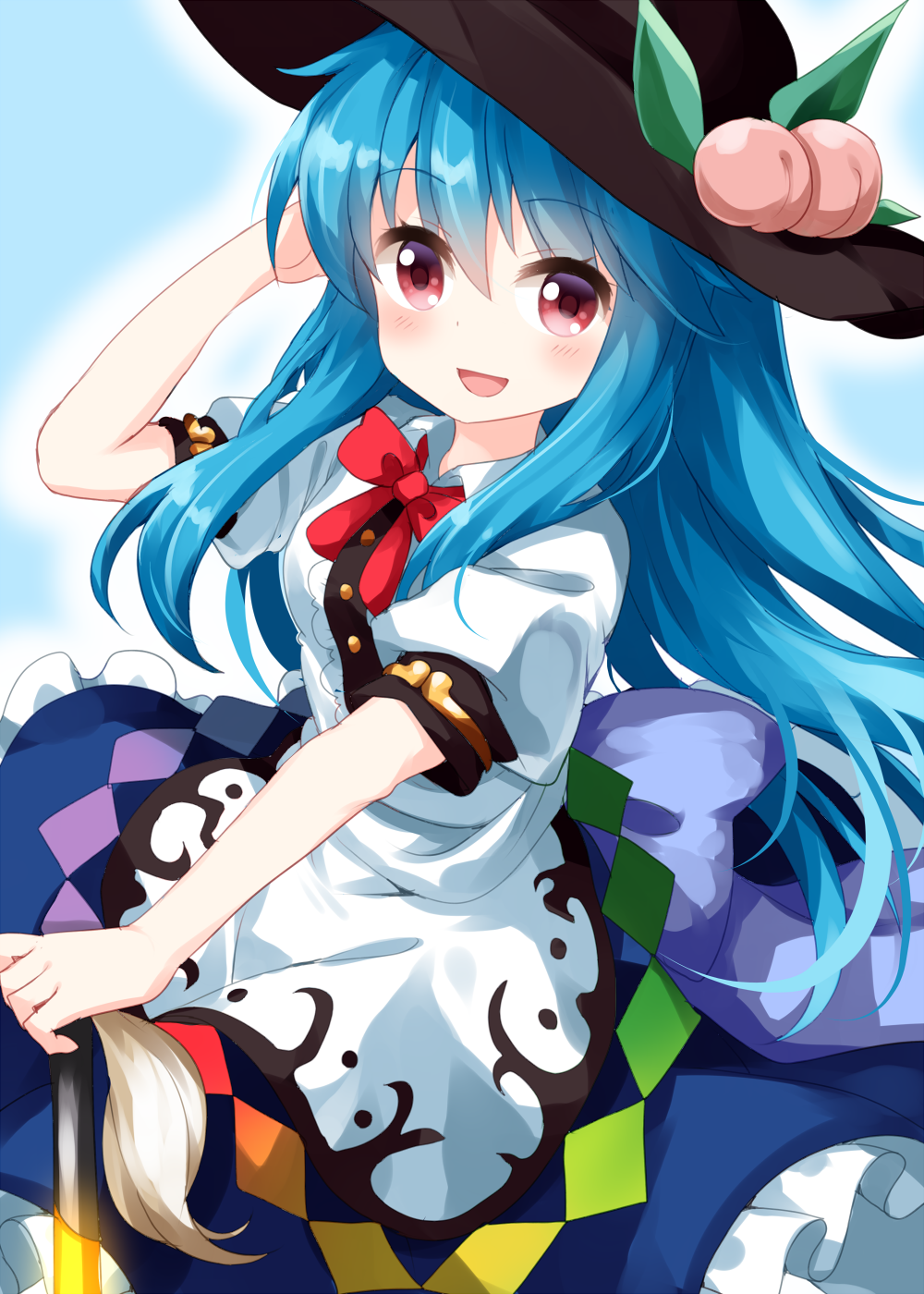 1girl bangs black_headwear blue_background blue_hair blue_skirt bow bowtie buttons center_frills collared_shirt cowboy_shot eyebrows_visible_through_hair frilled_skirt frills hair_between_eyes highres hinanawi_tenshi holding holding_sword holding_weapon long_hair looking_at_viewer open_mouth puffy_short_sleeves puffy_sleeves rainbow_order red_bow red_eyes red_neckwear ruu_(tksymkw) shirt short_sleeves simple_background skirt smile solo standing sword sword_of_hisou touhou weapon white_shirt