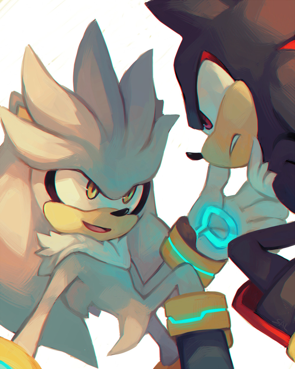 commentary english_commentary eye_contact frown highres looking_at_another no_humans salanchu serious shadow_the_hedgehog silver_the_hedgehog simple_background smile sonic_the_hedgehog violet_eyes white_background yellow_eyes