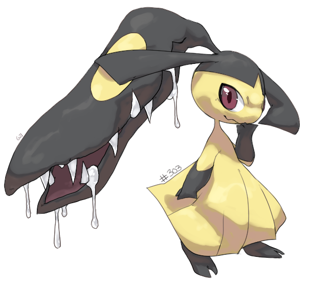 brown_eyes closed_mouth commentary creature drooling english_commentary full_body gen_3_pokemon looking_at_viewer mawile no_humans number pinkgermy pokedex_number pokemon pokemon_(creature) sharp_teeth solo standing teeth transparent_background