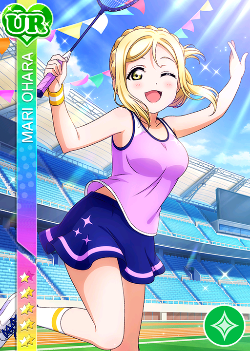 blonde_hair blush character_name dress love_live!_school_idol_festival love_live!_sunshine!! ohara_mari short_hair smile wink yellow_eyes