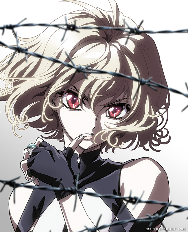 1girl angelise_ikaruga_misurugi antenna_hair bangs barbed_wire black_gloves blonde_hair commentary_request company_name cross_ange eyebrows_visible_through_hair fingerless_gloves gloves jewelry official_art ono_sayaka portrait red_eyes ring short_hair solo upper_body
