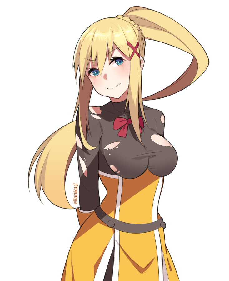 1girl black_bodysuit blonde_hair blue_eyes blush bodysuit braid breasts darkness_(konosuba) dress hair_ornament harukagi kono_subarashii_sekai_ni_shukufuku_wo! long_hair looking_at_viewer medium_breasts ponytail red_ribbon ribbon sidelocks simple_background solo torn_bodysuit torn_clothes white_background x_hair_ornament