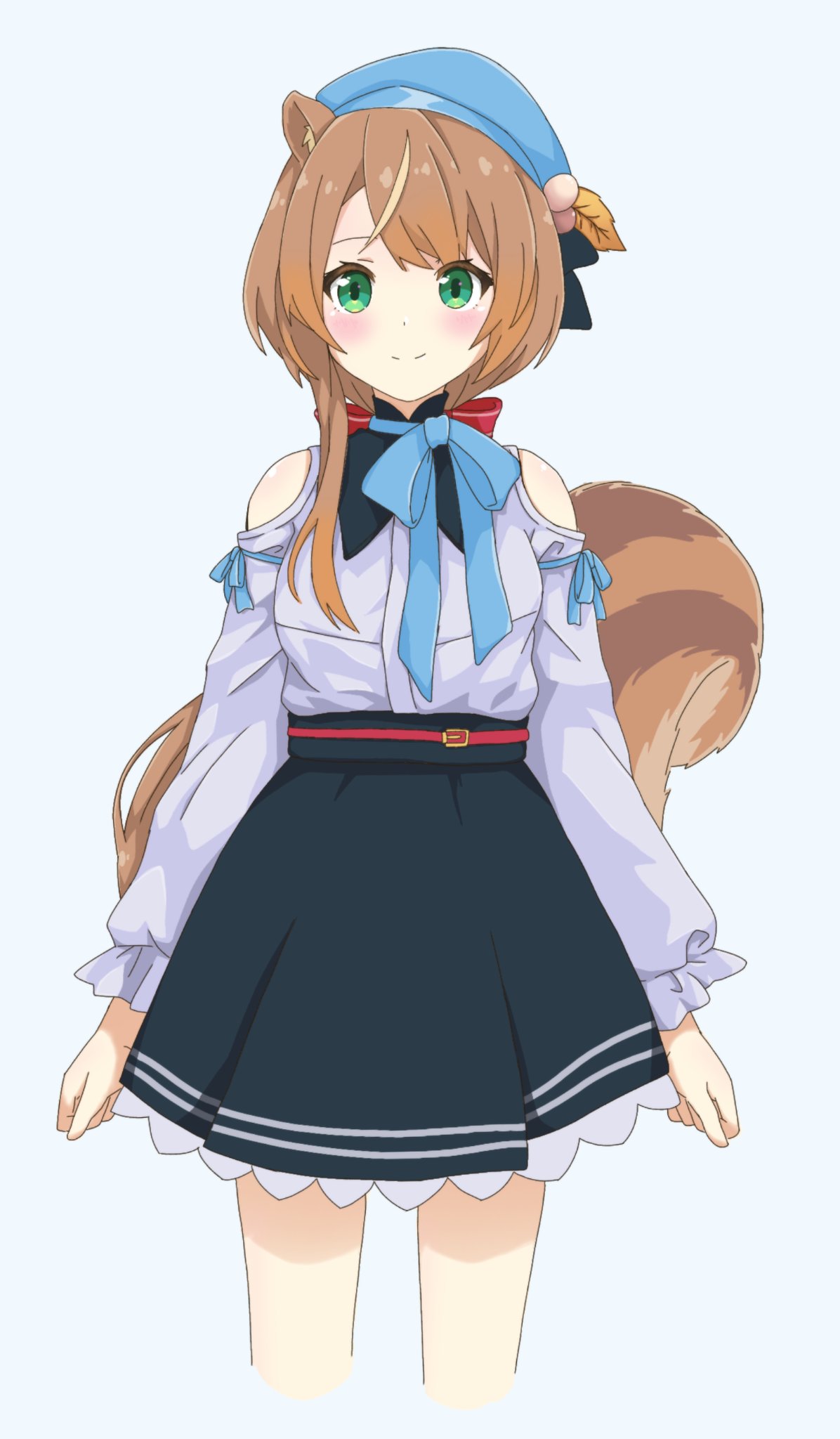 1girl alternate_costume animal_ears ayunda_risu bangs black_skirt blue_background blue_shirt blush breasts brown_hair english_commentary eyebrows_behind_hair green_eyes highres hololive hololive_indonesia medium_breasts ns-blazeve shirt shoulders skirt smile solo squirrel_ears squirrel_girl squirrel_tail tail virtual_youtuber