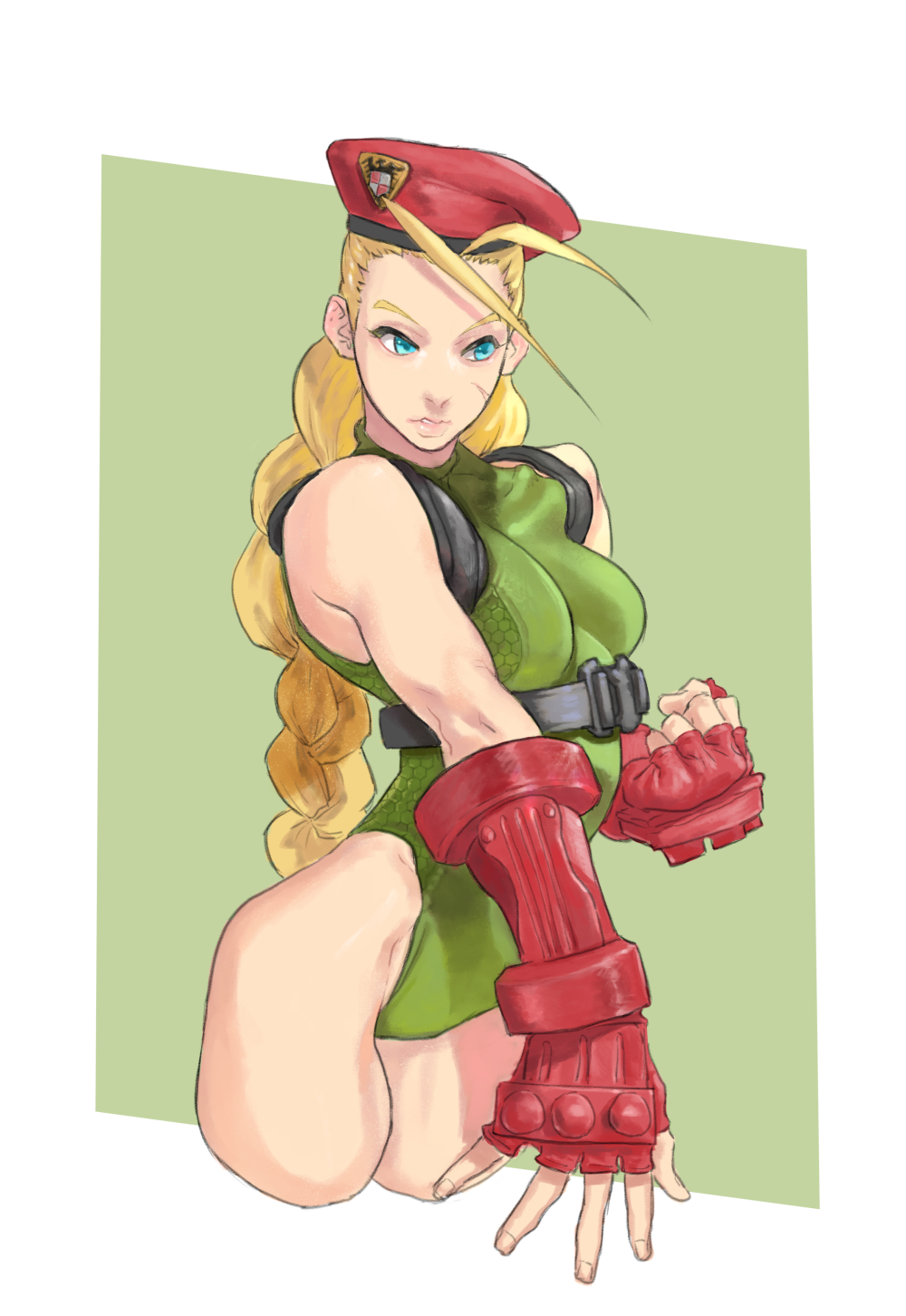 1girl antenna_hair beret blonde_hair blue_eyes braid breasts cammy_white clenched_hand cropped_legs elbow_gloves fingerless_gloves forehead gloves green_leotard harness hat highleg highleg_leotard highres leotard long_braid long_hair red_gloves red_headwear scar scar_on_cheek scar_on_face small_breasts solo sora-bakabon street_fighter street_fighter_v twin_braids