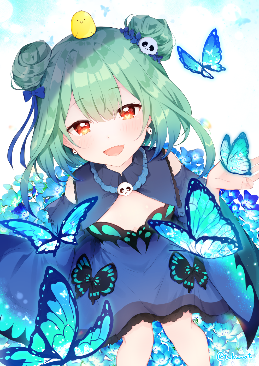 1girl :d animal_on_head bird blue_dress blue_flower blush breasts bug butterfly chick double_bun dress earrings fang feet_out_of_frame floral_background flower fukunoki_tokuwa green_hair hair_between_eyes hair_ornament highres hololive insect jewelry knees_together_feet_apart looking_at_viewer medium_hair on_head open_mouth red_eyes skin_fang skull_earrings skull_hair_ornament small_breasts smile solo uruha_rushia virtual_youtuber white_background