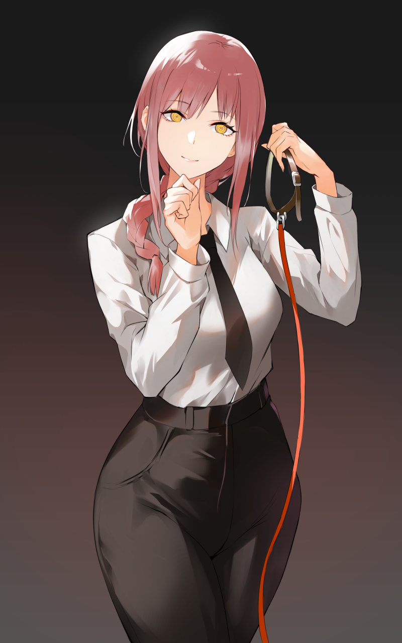 1girl braid breasts chainsaw_man collar eyebrows_visible_through_hair formal gradient gradient_background highres leash long_hair looking_at_viewer makima_(chainsaw_man) necktie nr_noir pink_hair shirt_tucked_in smile solo suit
