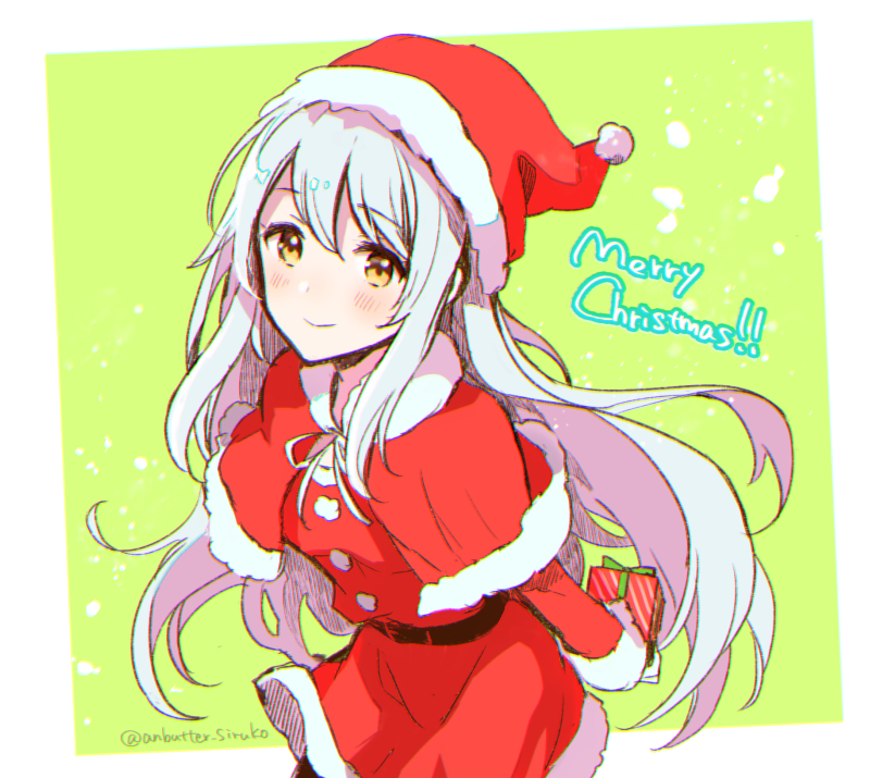 1girl anbutter_siruko blush box capelet christmas closed_mouth eyebrows_visible_through_hair gift gift_box hair_between_eyes hat holding holding_gift kantai_collection long_hair long_sleeves merry_christmas pom_pom_(clothes) red_capelet santa_costume santa_hat shoukaku_(kantai_collection) smile solo twitter_username white_hair yellow_eyes