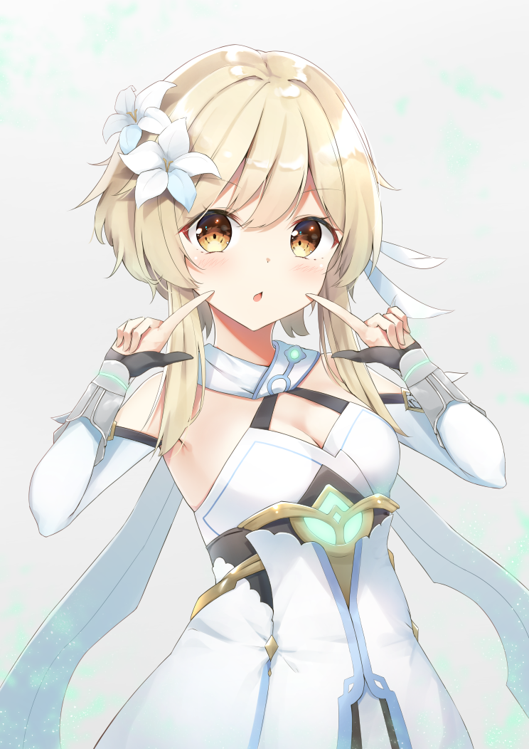 1girl bangs bare_shoulders blonde_hair blush breasts chestnut_mouth detached_sleeves dress feathers flower genshin_impact hair_between_eyes hair_feathers hair_flower hair_ornament lumine_(genshin_impact) medium_breasts pointing pointing_at_self white_dress yashin