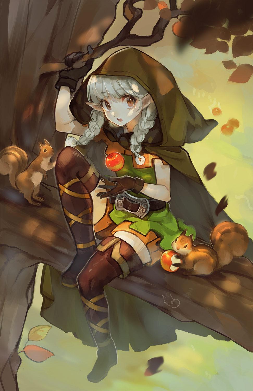 1girl alpaca_carlesi apple boots braid brown_eyes cloak commentary dragon's_crown elf elf_(dragon's_crown) english_commentary food fruit gloves grey_hair highres hood hooded_cloak in_tree long_hair pointy_ears shorts sitting sitting_in_tree solo squirrel thigh-highs thigh_boots tree tree_branch twin_braids