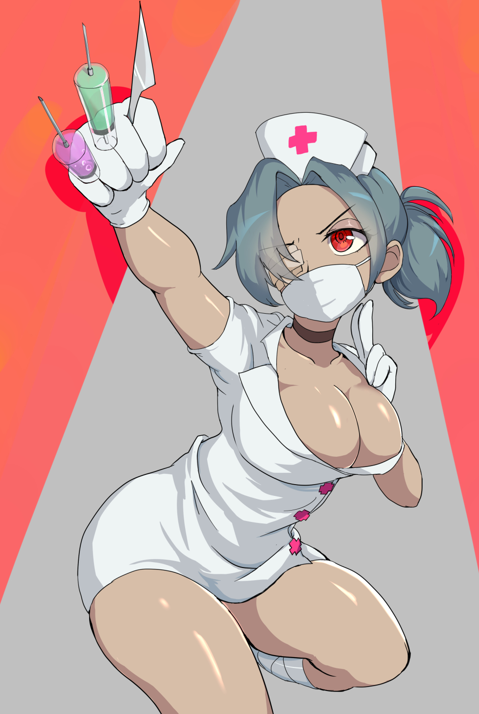 1girl action_pose breasts chamane choker cleavage collarbone curvy dress eyepatch face_mask female gloves grey_hair hair_over_one_eye large_breasts mask ponytail red_eyes scalpel skullgirls solo syringe thick_thighs valentine_(skullgirls) white_dress