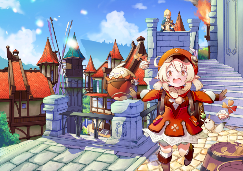 ahoge backpack bag bangs barrel blonde_hair boots building clouds cloudy_sky crying crying_with_eyes_open d: dress explosion fleeing full_body genshin_impact hair_between_eyes hat hat_feather klee_(genshin_impact) knee_boots long_hair long_sleeves looking_at_viewer low_twintails open_mouth realapple red_dress red_eyes red_headwear sky stairs tears tree twintails white_feathers white_legwear windmill