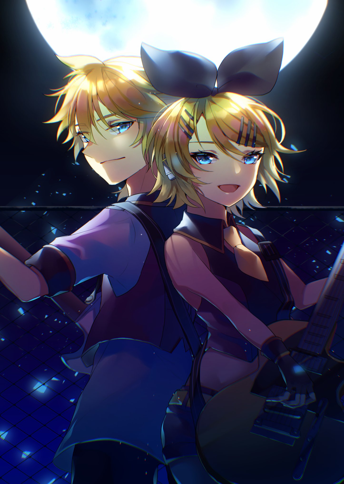 1boy 1girl aryuma772 back-to-back black_bow black_gloves black_star_(module) black_vest blonde_hair blue_eyes blue_moon_(module) bow chain-link_fence commentary countdown crop_top fence fingerless_gloves full_moon gloves hair_bow hair_ornament hairclip highres kagamine_len kagamine_rin kodoku_no_hate_(vocaloid) light_smile looking_at_viewer moon necktie night open_mouth project_diva_(series) shirt short_hair short_necktie vest vocaloid white_shirt yellow_neckwear