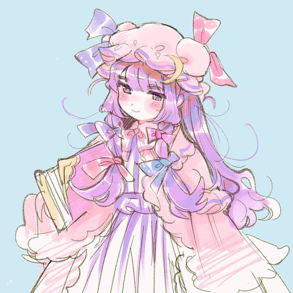 1girl bangs blue_background blue_bow blue_ribbon blush book bow bowtie commentary crescent crescent_moon_pin eyebrows_visible_through_hair hat hat_ribbon imagoimitari long_hair messy_hair mob_cap patchouli_knowledge purple_hair red_bow red_neckwear red_ribbon ribbon robe simple_background sketch smile solo touhou very_long_hair violet_eyes wide_sleeves