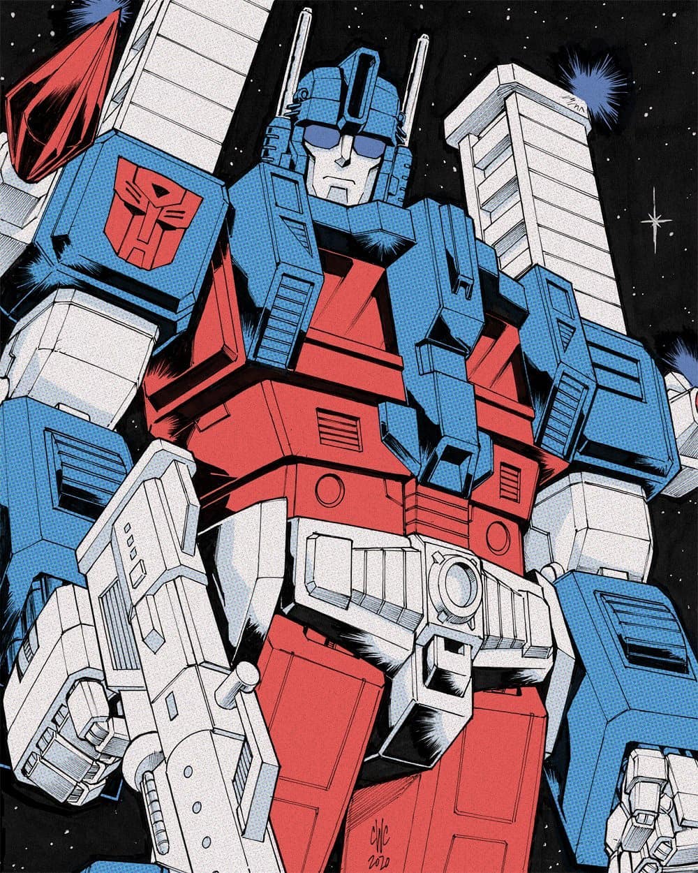 1980s_(style) 1boy autobot blue_eyes casey_w._coller clenched_hand gun highres holding holding_gun holding_weapon insignia looking_at_viewer looking_down male_focus mecha no_humans retro_artstyle science_fiction solo space transformers ultra_magnus weapon