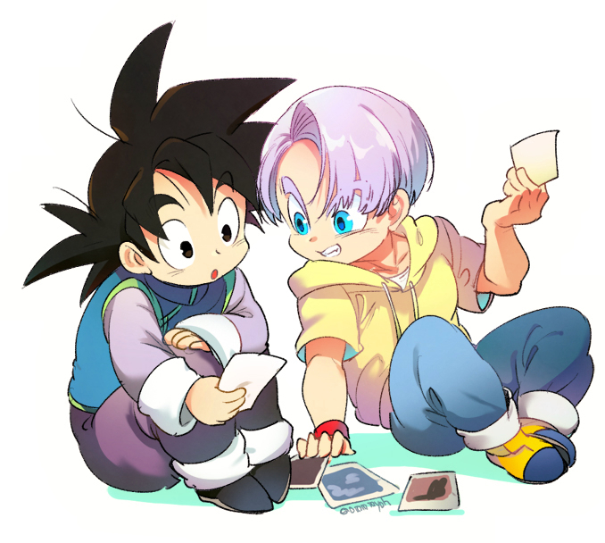 2boys :o arm_support black_eyes black_footwear black_hair blue_eyes chinese_clothes clenched_teeth collarbone curious denim dragon_ball dragon_ball_super eyebrows_visible_through_hair facing_viewer full_body grin hand_on_own_knee hand_up holding holding_photo hood hood_down hoodie jeans knees_apart_feet_together knees_to_chest leaning leaning_to_the_side long_sleeves looking_down male_focus multiple_boys ommmyoh open_mouth pants photo_(object) purple_hair shaded_face shadow shiny shiny_hair side-by-side simple_background sitting smile son_goten spiky_hair teeth trunks_(dragon_ball) twitter_username white_background wide-eyed wristband yellow_footwear yellow_hoodie