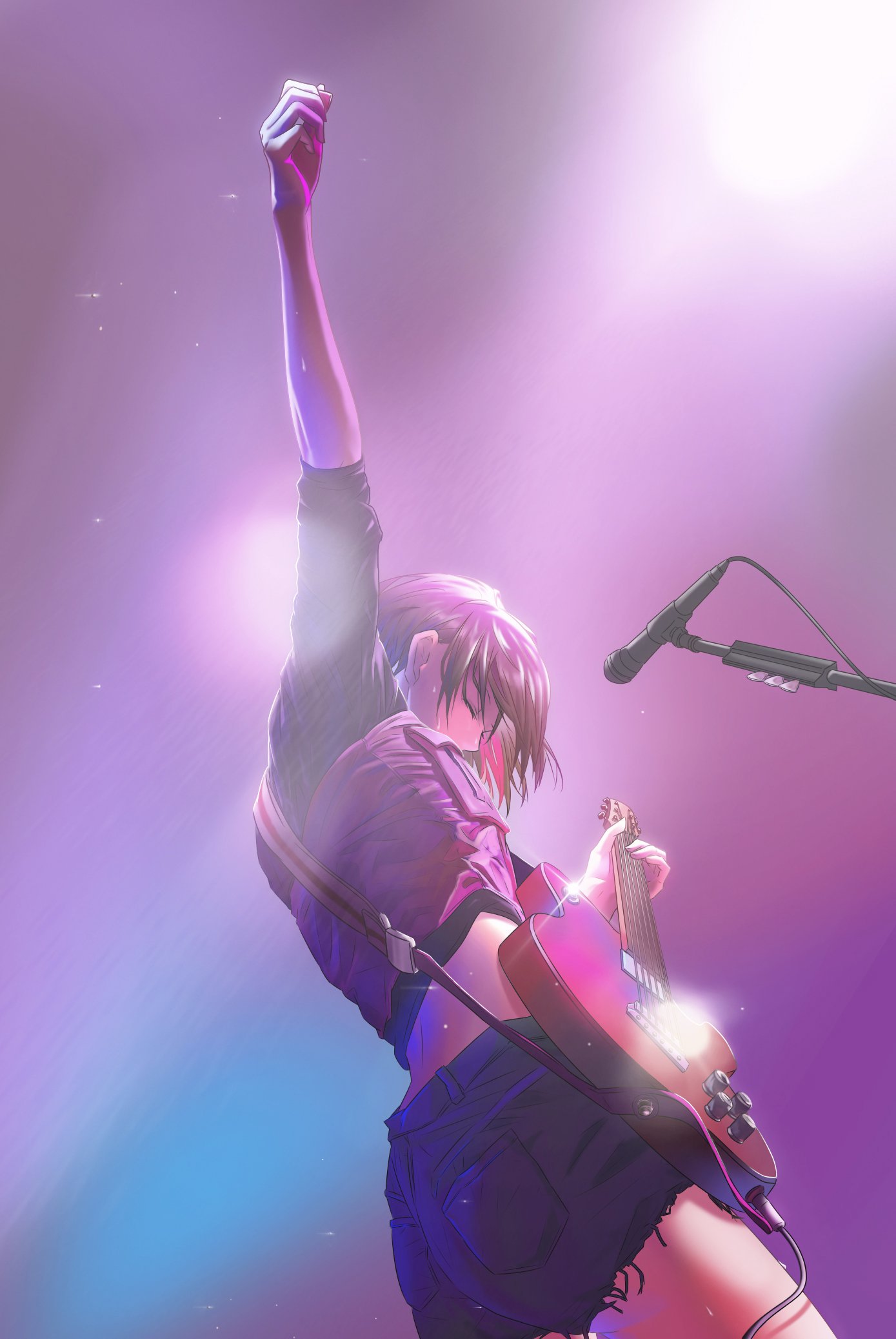 1girl arm_up ass bang_dream! black_hair cable closed_eyes commentary_request cowboy_shot denim denim_shorts electric_guitar from_behind guitar highres instrument jacket microphone microphone_stand midriff mitake_ran multicolored_hair music playing_instrument plectrum redhead shiruko_sand short_hair short_sleeves shorts solo streaked_hair