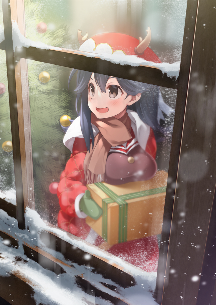 1girl antlers black_hair blush box breasts brown_eyes brown_scarf christmas christmas_tree fringe_trim gift gift_box hair_between_eyes holding holding_gift kantai_collection large_breasts long_hair long_sleeves mittens mofu_namako open_mouth reindeer_antlers scarf smile snow snowing solo ushio_(kantai_collection) window