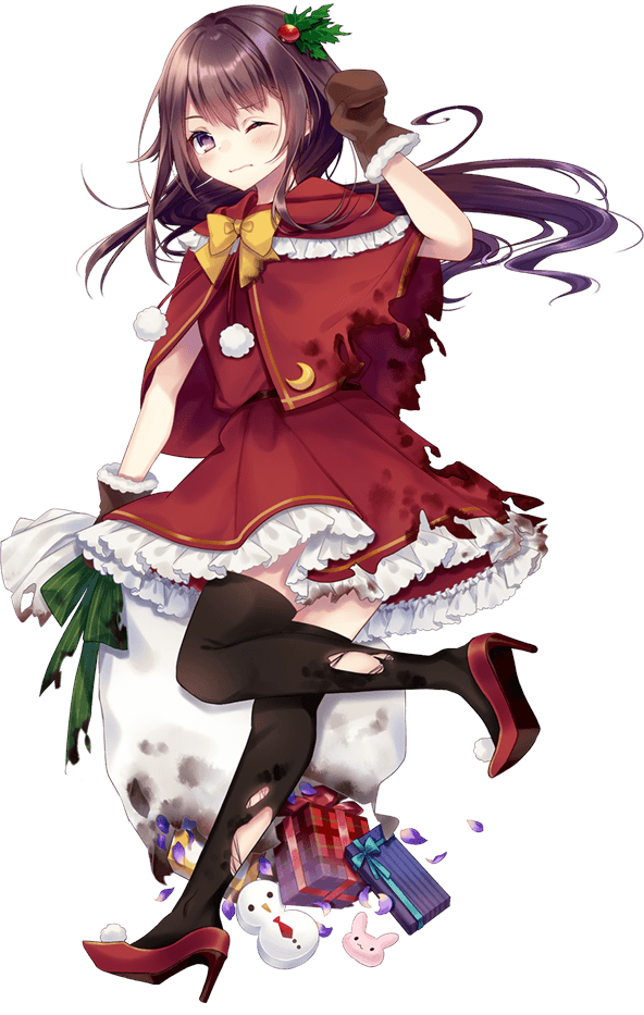 1girl black_legwear blush box brown_gloves brown_hair capelet closed_mouth crescent crescent_moon_pin full_body gift gift_box gloves high_heels kantai_collection kisaragi_(kantai_collection) kusada_souta long_hair official_art one_eye_closed pom_pom_(clothes) red_capelet red_footwear sack santa_costume solo thigh-highs torn_clothes torn_legwear transparent_background violet_eyes