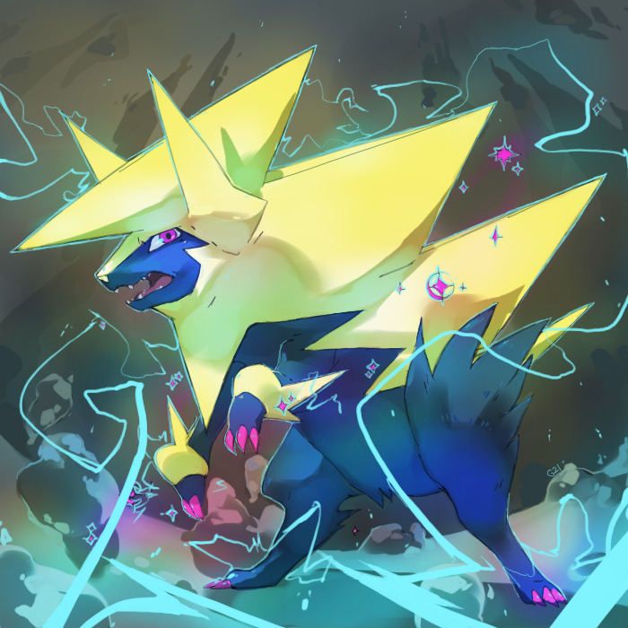 alternate_color claws commentary creature electricity english_commentary fangs full_body gen_3_pokemon manectric mega_manectric mega_pokemon no_humans pinkgermy pokemon pokemon_(creature) shiny_pokemon signature solo sparkle violet_eyes