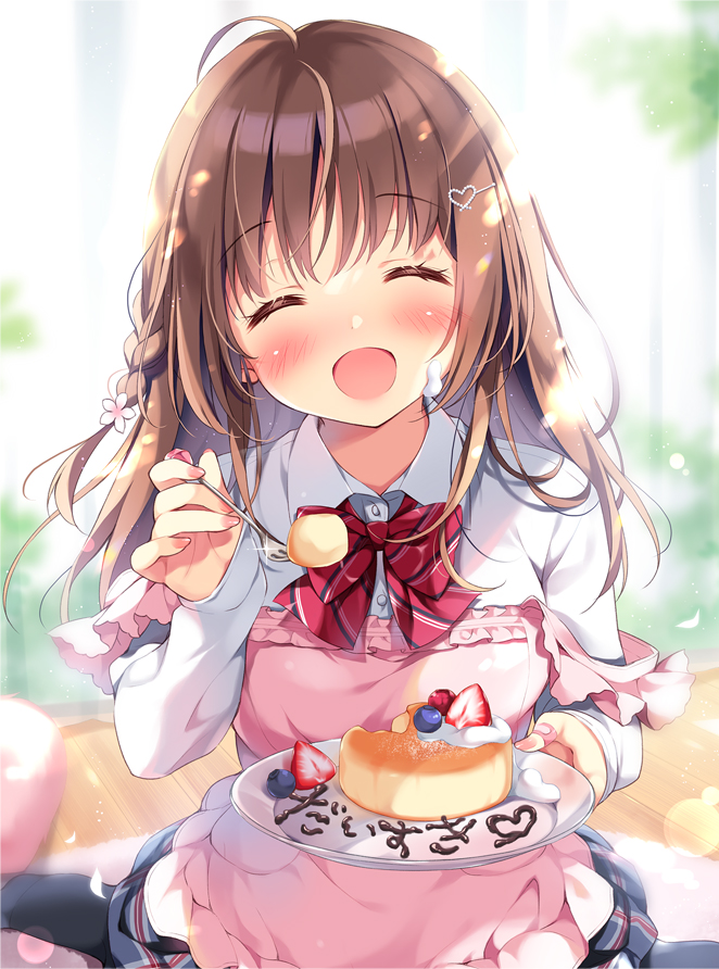 1girl :d ^_^ ahoge apron black_legwear black_skirt blurry blurry_background blush bow braid brown_hair cake closed_eyes collared_shirt commentary_request cream cream_on_face depth_of_field diagonal_stripes facing_viewer flower food food_on_face fork fruit hair_flower hair_ornament hairclip head_tilt heart heart_hair_ornament holding holding_fork holding_plate long_hair long_sleeves nail_polish open_mouth original pan_(mimi) pink_apron pink_nails plate pleated_skirt red_bow shirt sitting skirt sleeves_past_wrists smile socks solo strawberry striped striped_bow translation_request wariza white_flower white_shirt