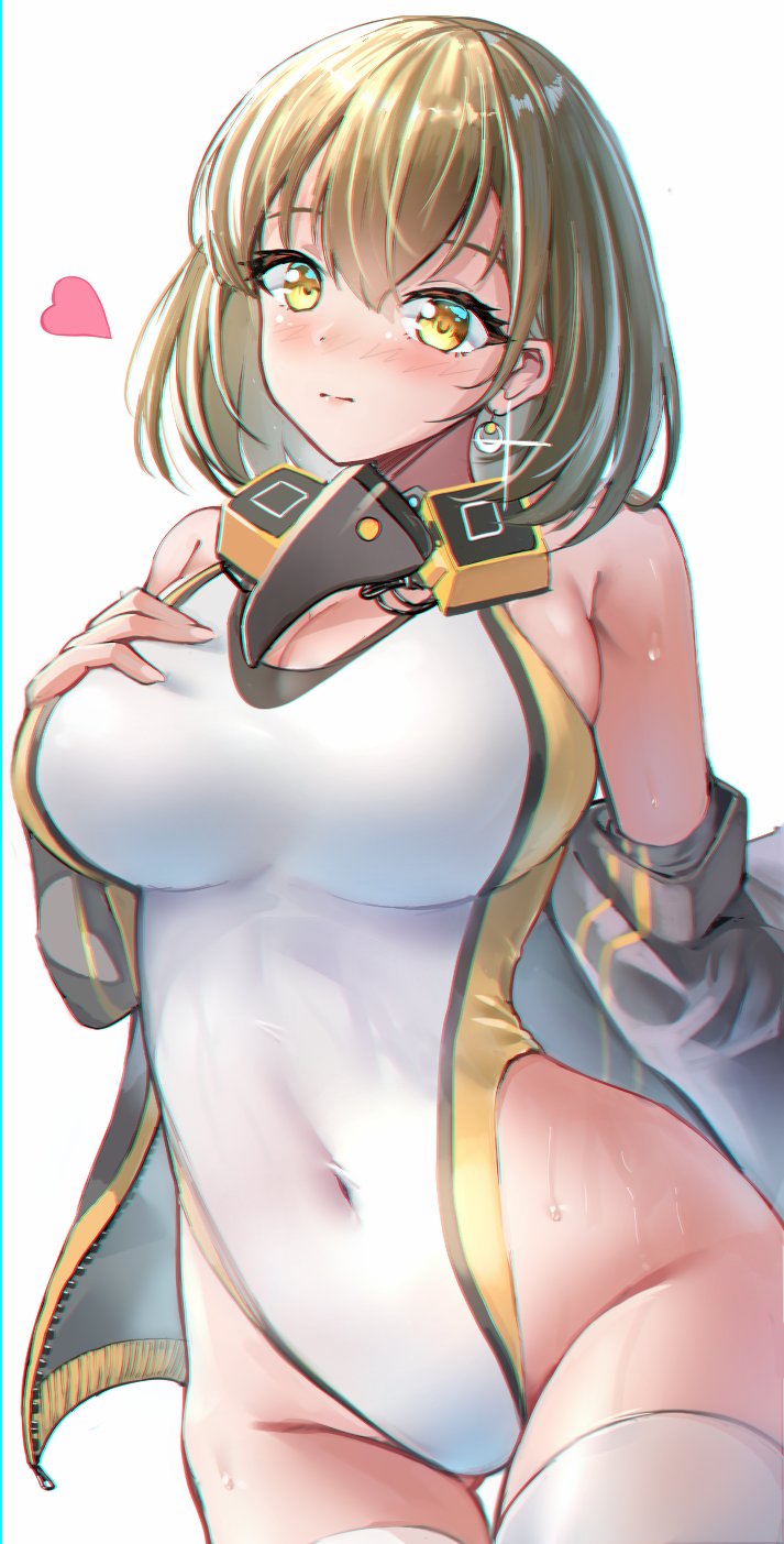 1girl alternate_costume arknights ass_visible_through_thighs beak_mask black_jacket blush breasts brown_hair closed_mouth commentary competition_swimsuit covered_navel earrings futasan glint groin hand_on_own_chest heart highleg highleg_swimsuit highres jacket jewelry large_breasts looking_at_viewer magallan_(arknights) mask_around_neck multicolored_hair off_shoulder one-piece_swimsuit open_clothes open_jacket short_hair simple_background single_earring solo streaked_hair swimsuit thigh_gap thighs two-tone_hair wet white_background white_hair yellow_eyes
