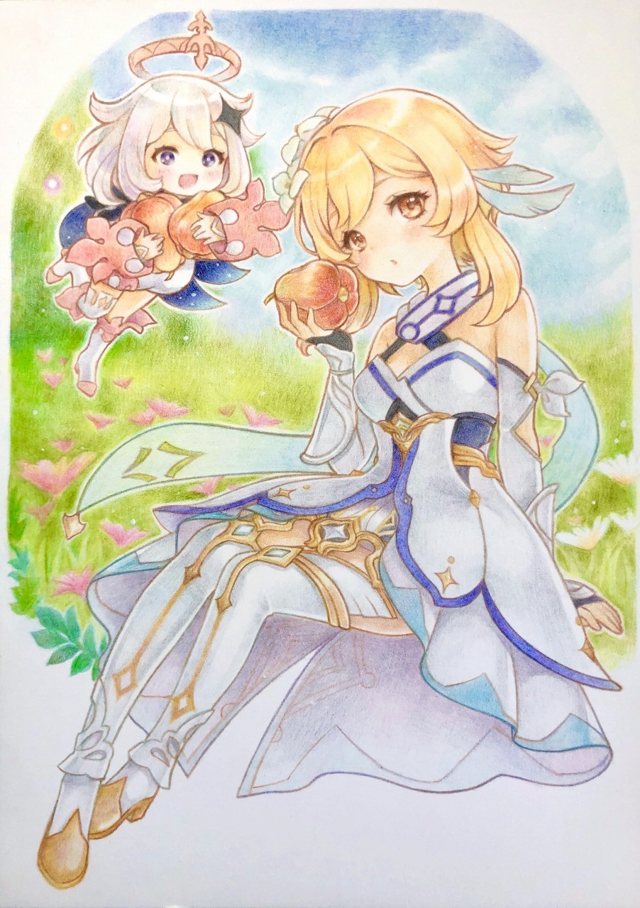 2girls bangs bare_shoulders blonde_hair blue_eyes blush breasts cape colored_pencil_(medium) detached_sleeves dress floating flower food food_request genshin_impact grass hair_between_eyes hair_flower hair_ornament halo highres holding holding_food looking_at_viewer lumine_(genshin_impact) medium_breasts meillandina multiple_girls open_mouth paimon_(genshin_impact) pink_flower scarf short_hair sitting sky traditional_media white_dress white_hair white_legwear yellow_eyes