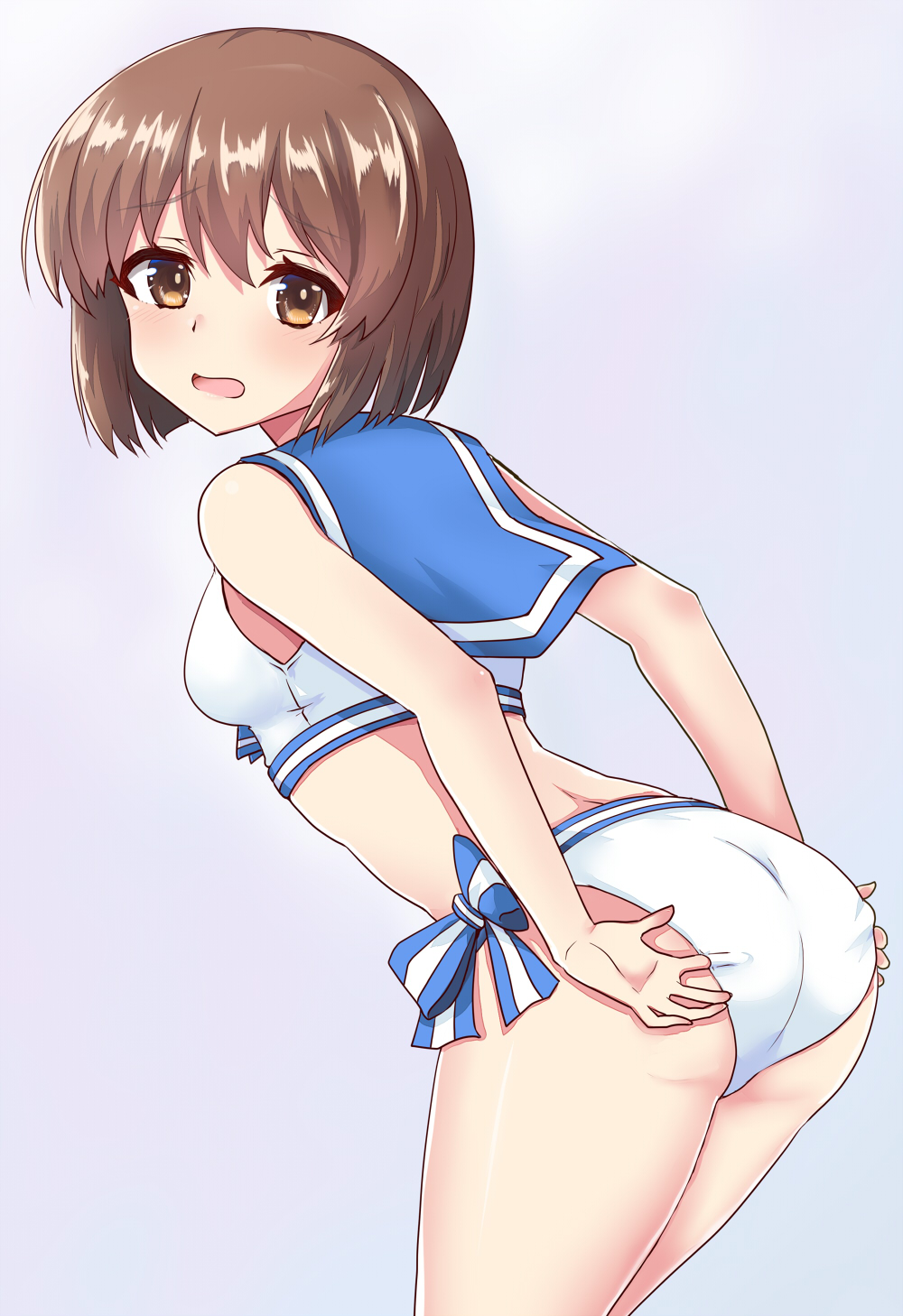 1girl ass bangs bare_arms bare_shoulders bikini blue_background blue_sailor_collar blush bow breasts brown_eyes brown_hair commentary_request eyebrows_visible_through_hair from_behind hagiwara_yukiho hair_between_eyes highres idolmaster idolmaster_(classic) leaning_forward looking_at_viewer looking_back momoda_yasuhito open_mouth sailor_bikini sailor_collar sailor_swimsuit_(idolmaster) short_hair small_breasts solo striped striped_bow swimsuit white_bikini