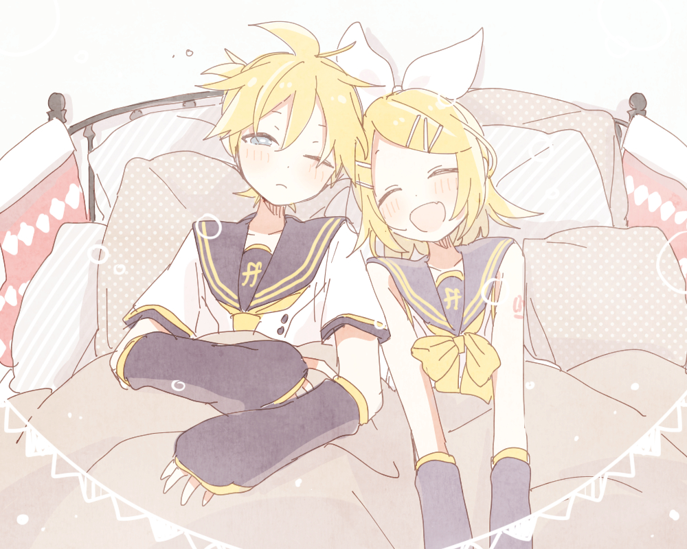 1boy 1girl arm_warmers bangs bare_shoulders bed black_collar blonde_hair blue_eyes bow closed_eyes collar commentary fortissimo grey_collar hair_bow hair_ornament hairclip half-closed_eye headphones kagamine_len kagamine_len_(append) kagamine_rin kagamine_rin_(append) light_blush looking_at_viewer lying neckerchief necktie on_back one_eye_closed open_mouth pillow sailor_collar school_uniform shirt short_hair short_ponytail short_sleeves shoulder_tattoo sleeveless sleeveless_shirt smile spiky_hair string_of_flags suzumi_(fallxalice) swept_bangs tattoo under_covers upper_body vocaloid vocaloid_append white_bow white_shirt yellow_neckwear