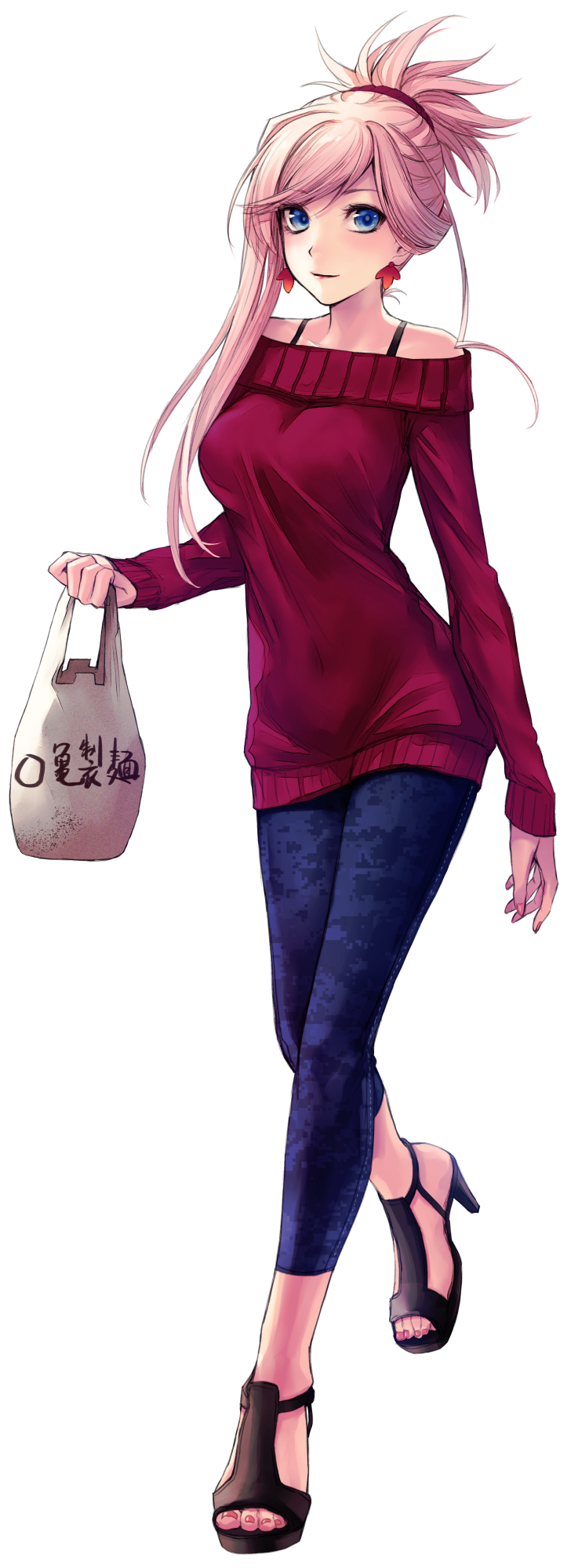 1girl applekun bag bangs blue_eyes blue_pants blush closed_mouth earrings fate/grand_order fate_(series) full_body hair_ornament hair_scrunchie high_heels highres holding holding_bag jewelry long_hair long_sleeves miyamoto_musashi_(fate/grand_order) off-shoulder_sweater off_shoulder pants red_scrunchie red_sweater scrunchie silver_hair simple_background smile solo sweater swept_bangs tied_hair walking white_background