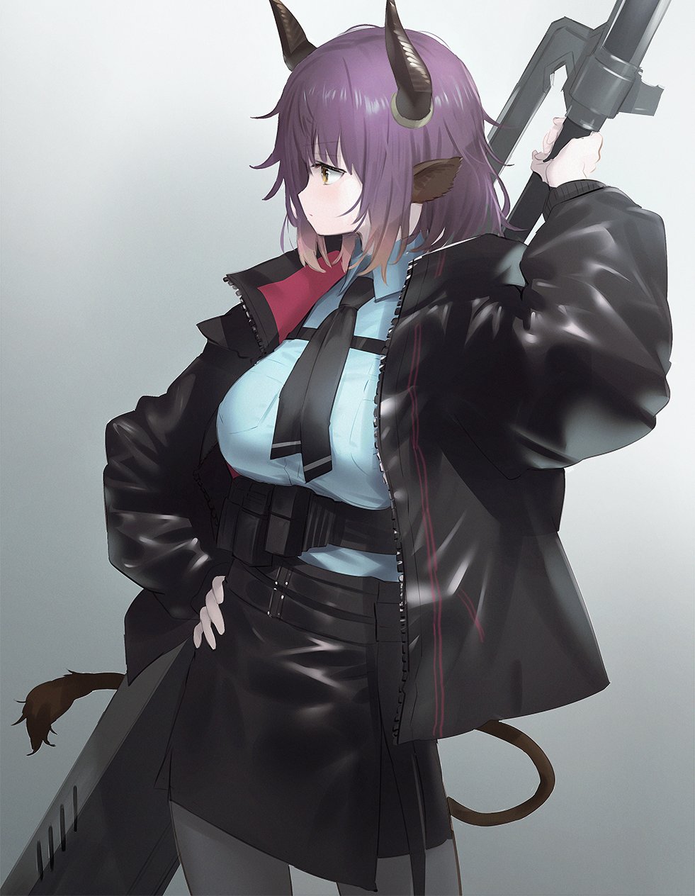 1girl animal_ears arknights belt black_jacket blue_shirt breasts collared_shirt cow_ears cow_horns cow_tail highres holding holding_sword holding_weapon horns jacket large_breasts leather_skirt necktie shirt sideroca_(arknights) simple_background skirt solo sword tail thigh_pouch utility_belt wasabi60 weapon white_background