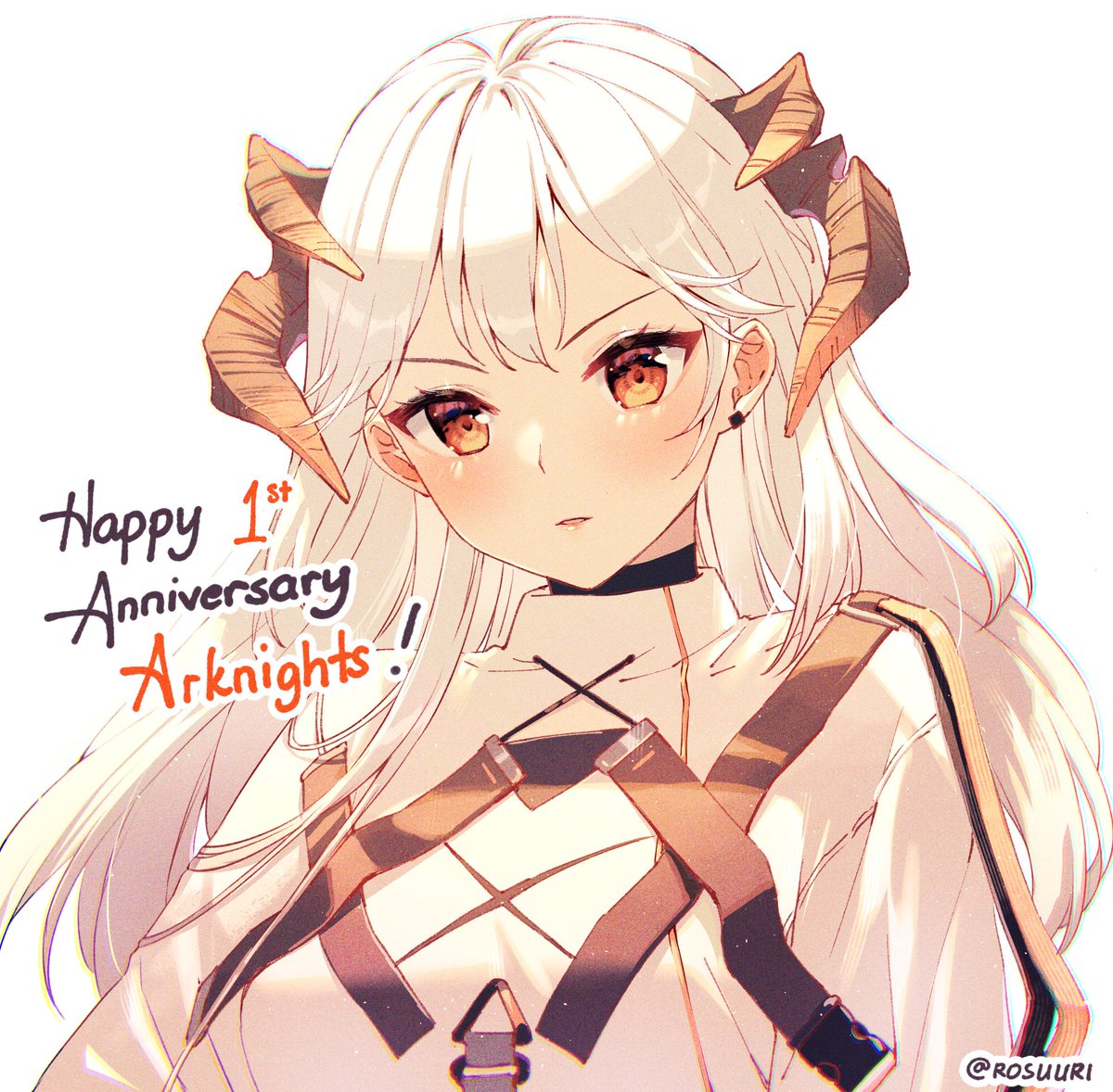1girl anniversary arknights artist_name blush commentary copyright_name dragon_girl dragon_horns earrings english_commentary horns jewelry looking_at_viewer parted_lips red_eyes rosuuri saria_(arknights) silver_hair simple_background smile solo upper_body v-shaped_eyebrows white_background