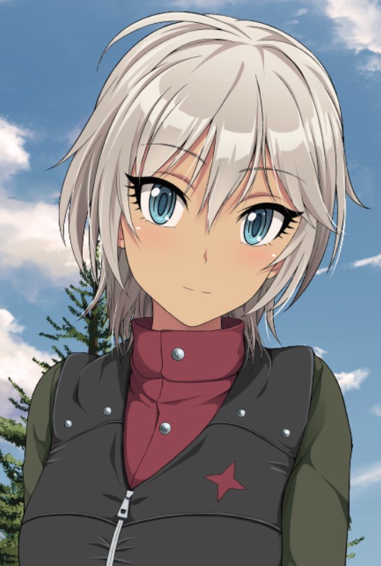 1girl anastasia_(idolmaster) bangs black_vest blue_eyes blue_sky closed_mouth clouds cloudy_sky commentary day eyebrows_visible_through_hair girls_und_panzer green_jacket idolmaster idolmaster_cinderella_girls inoshira insignia jacket lighter long_sleeves looking_at_viewer military military_uniform outdoors portrait pravda_military_uniform red_shirt shirt short_hair silver_hair sky smile solo tank_top tree turtleneck uniform vest zipper