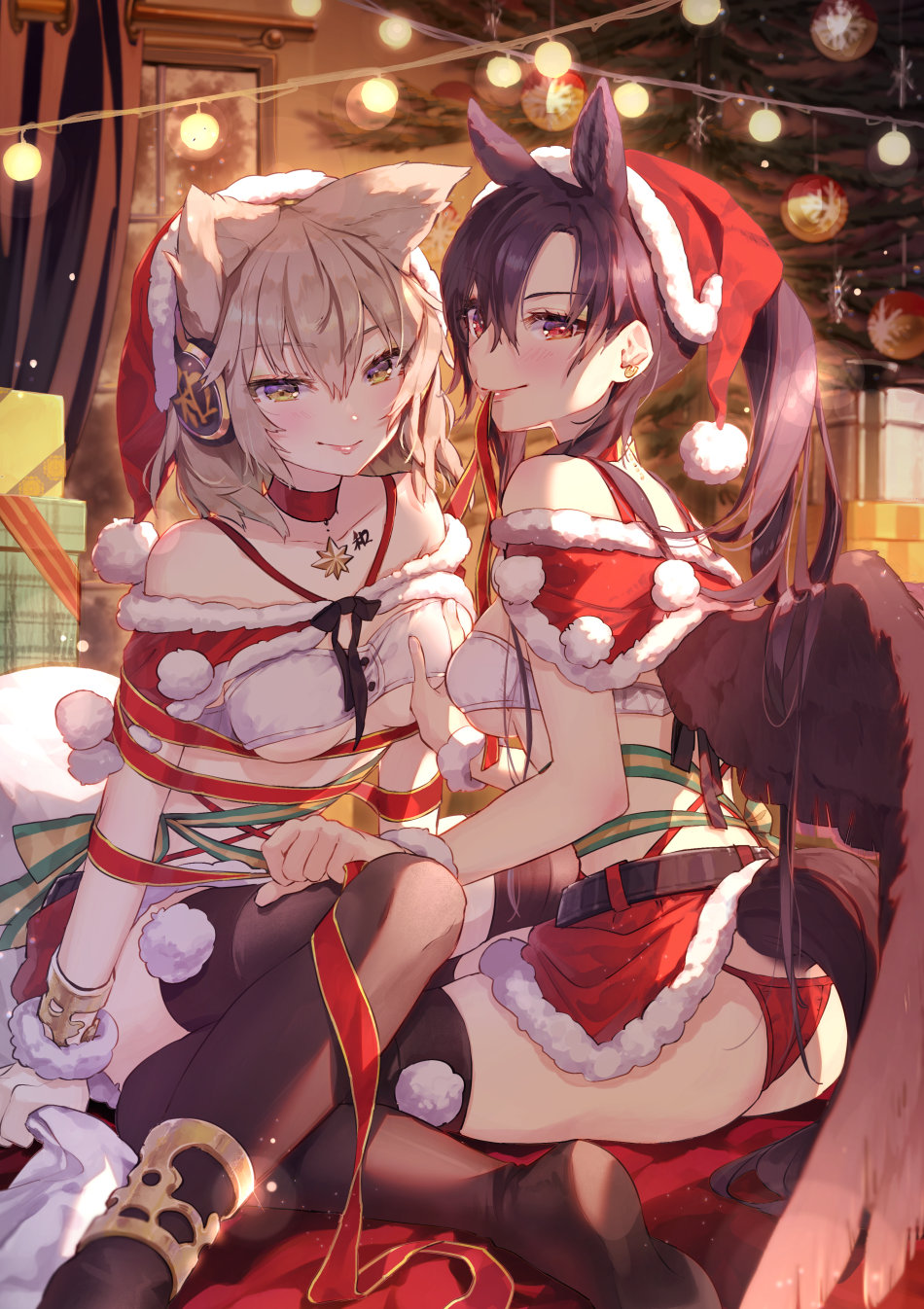 2girls animal_ears anklet ass bangs bare_shoulders black_hair black_legwear black_wings bra bracelet breasts brown_eyes brown_hair chest_tattoo choker christmas collarbone commentary earmuffs eyebrows_visible_through_hair hat highres horse_ears jewelry kurokoma_saki long_hair looking_at_viewer mouth_hold multiple_girls off-shoulder_shirt off_shoulder panties pointy_hair pom_pom_(clothes) red_choker red_eyes red_headwear red_panties red_ribbon ribbon santa_hat shirt short_hair small_breasts smile syuri22 tattoo thigh-highs thighs touhou toyosatomimi_no_miko underwear white_bra wings yuri