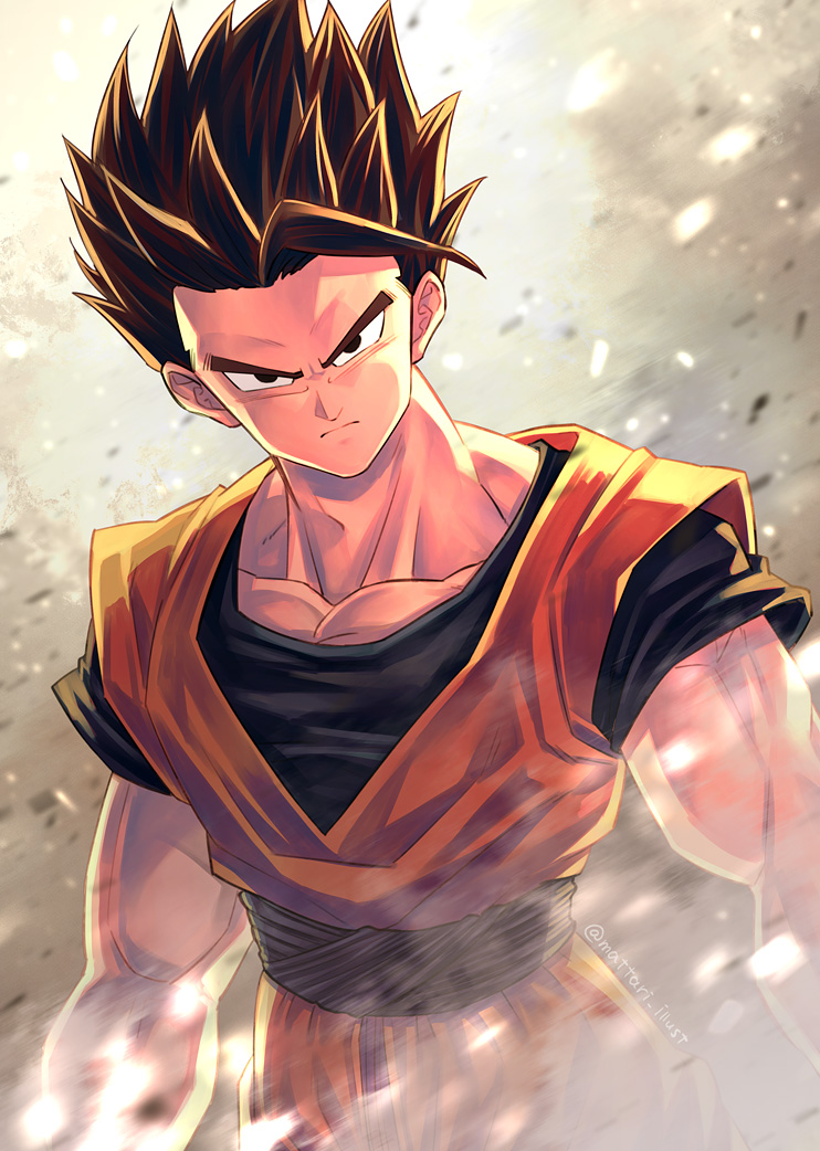 1boy black_eyes black_hair black_shirt closed_mouth collarbone dougi dragon_ball dragon_ball_z frown grey_background looking_at_viewer male_focus mattari_illust medium_hair shirt short_sleeves solo son_gohan spiky_hair v-shaped_eyebrows