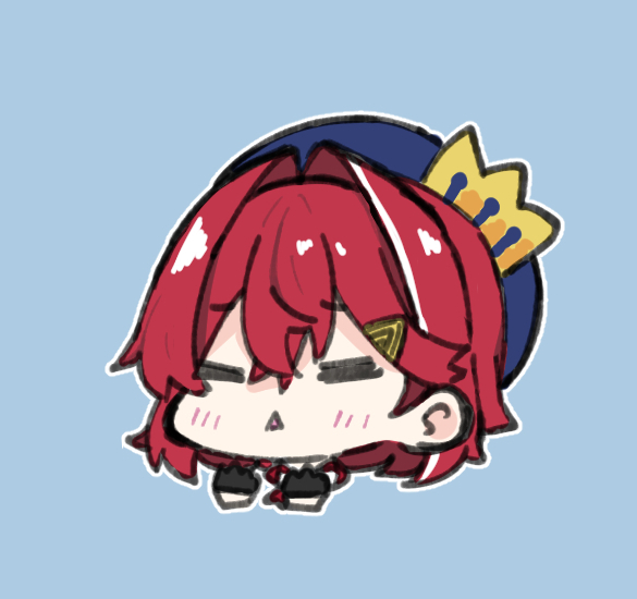 1girl :&lt; =_= ange_katrina bangs beret blue_background blue_headwear blush chibi closed_eyes commentary_request eyebrows_visible_through_hair hair_between_eyes hair_intakes hair_ornament hairclip hat hitomiz nijisanji parted_lips redhead simple_background solo triangle_mouth virtual_youtuber