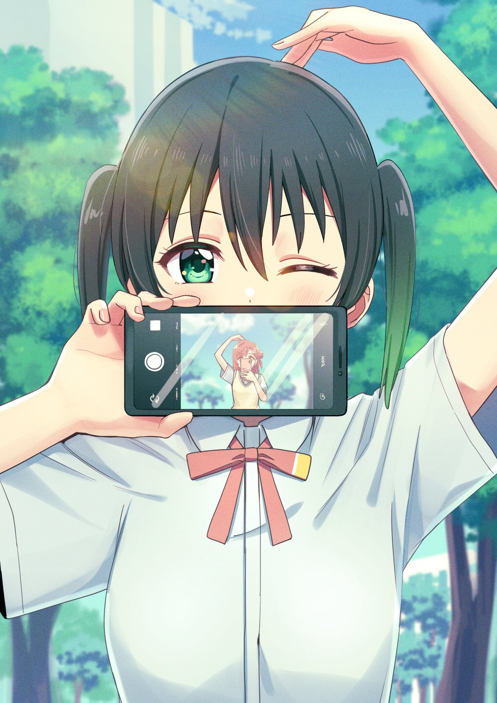 2girls bangs black_hair cellphone collared_shirt commentary covering_mouth day deadnooodles green_eyes green_hair hand_on_own_head highres holding holding_phone looking_at_viewer love_live! love_live!_nijigasaki_high_school_idol_club multiple_girls one_eye_closed outdoors phone pink_ribbon ribbon shirt short_hair short_sleeves smartphone solo_focus takasaki_yuu two-tone_ribbon uehara_ayumu yellow_ribbon